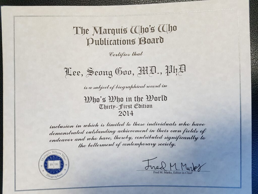 Dr. Lee Sung-goo was listed in Marquis Who’s Who, one of the world's three major biographical dictionaries.