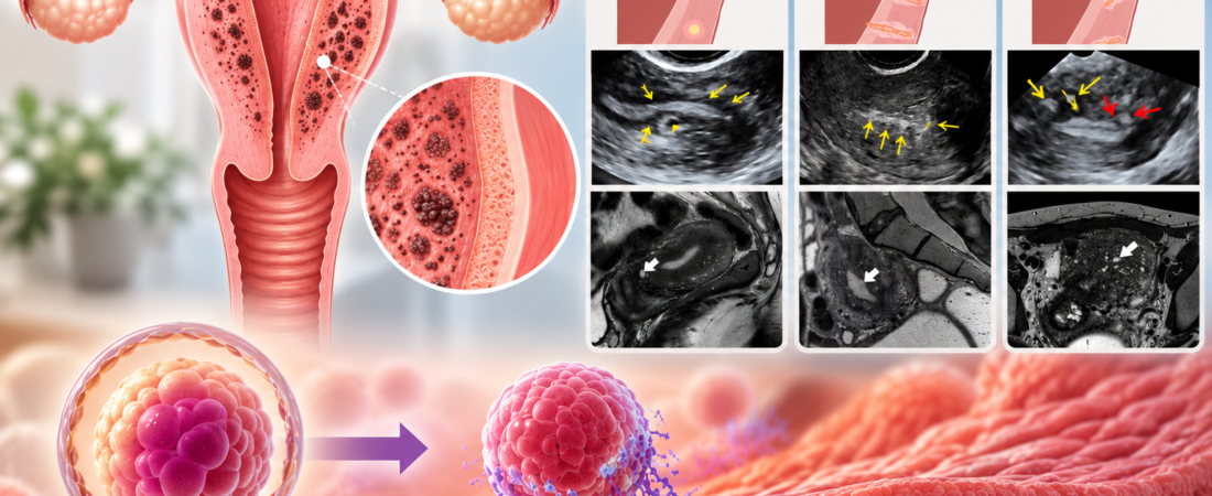 Illustration of adenomyosis in the uterine wall, diagram and scan-style panels, and a blastocyst attaching to the uterine lining.