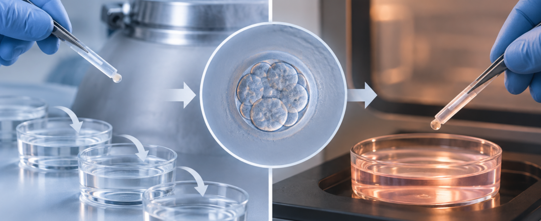 Illustration comparing embryo warming through several dishes with direct placement into a warm culture dish.