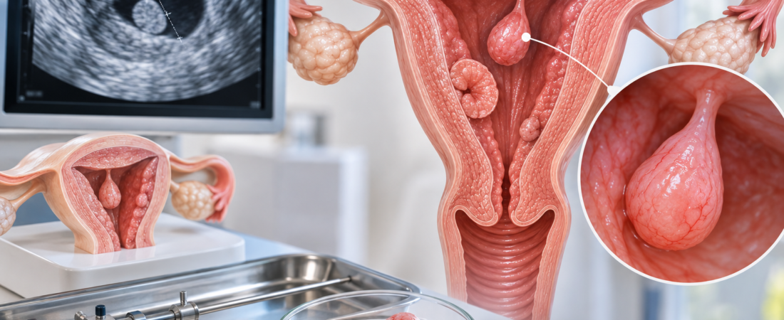 AI illustration of endometrial polyps inside a uterine model, with an ultrasound image, a hysteroscope and an enlarged polyp inset.