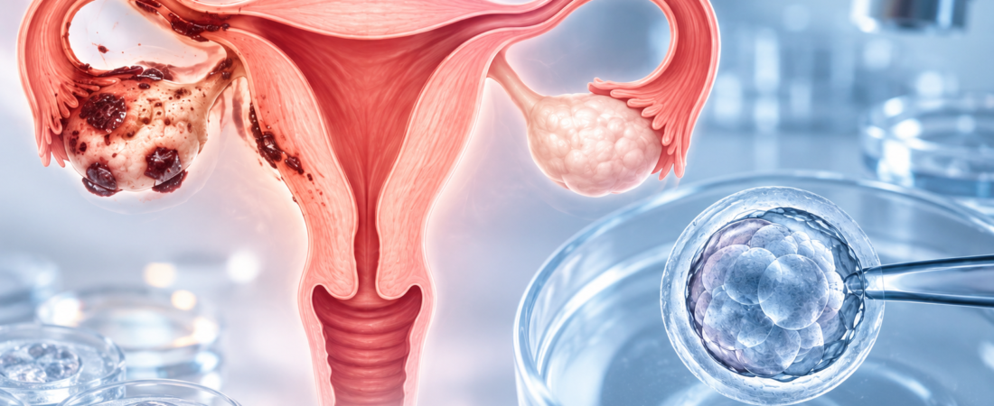 Illustration of a uterus and ovaries with endometriosis-like lesions beside an embryo in a laboratory dish.