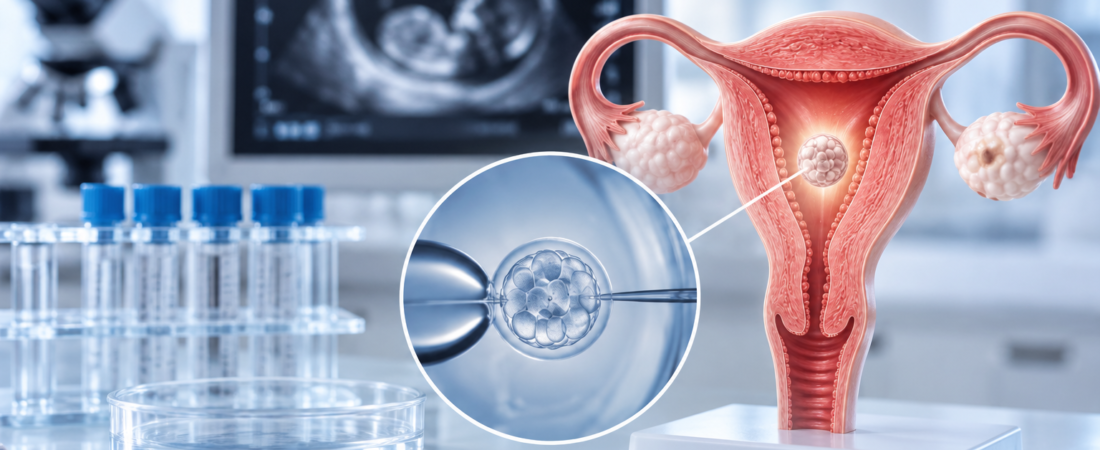 AI illustration of a uterine model, an embryo-manipulation inset and an ultrasound monitor in a laboratory.