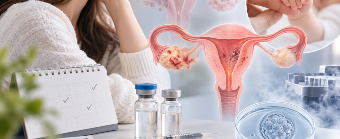 Illustration of a uterus with lesions, a treatment calendar, medicines, an embryo dish and a baby holding an adult finger.