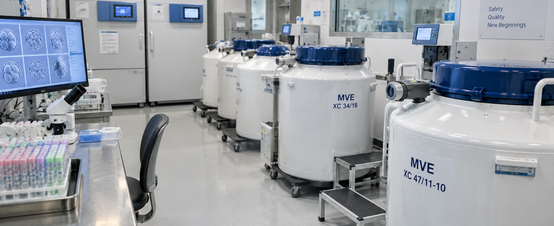 AI-generated embryo cryostorage laboratory with storage tanks, a microscope and embryo images on a monitor.