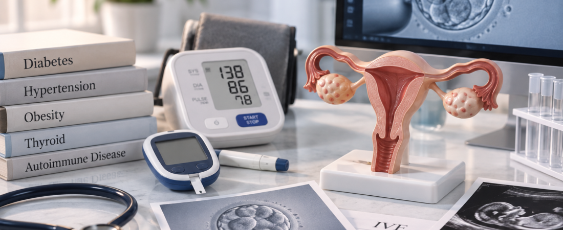 AI-generated illustration of a uterine model, blood pressure monitor, glucose meter and books on chronic diseases beside an IVF laboratory image.