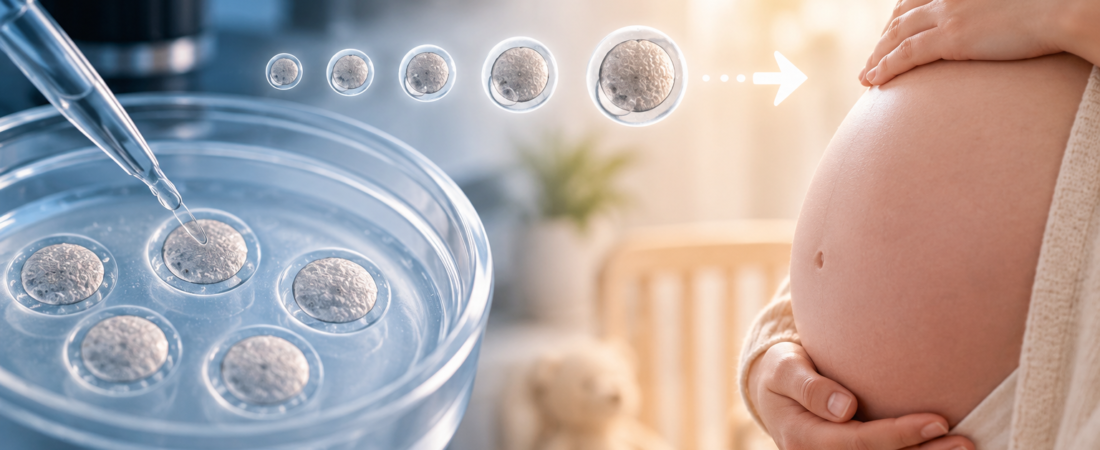Illustration of eggs in an IVF laboratory dish, with an arrow toward a pregnant abdomen.
