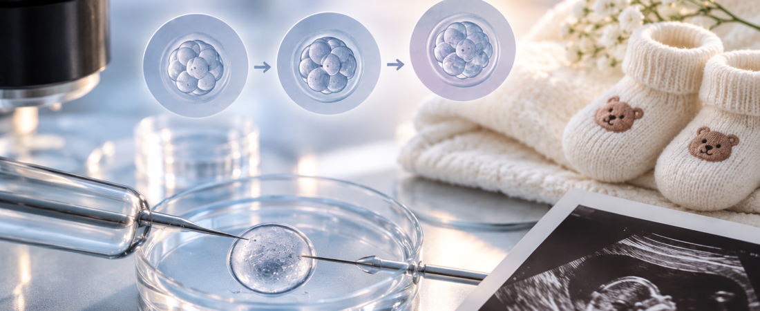 Illustration of an egg in an IVF dish, three embryo icons, baby booties and an ultrasound print beside laboratory equipment.
