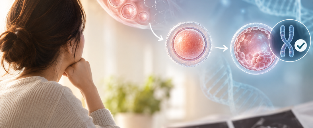 AI illustration of a woman considering ovarian reserve, with an ovary, egg, blastocyst and chromosome symbol.