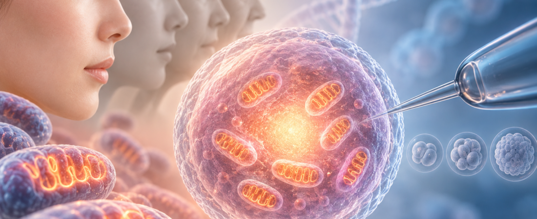 Illustration of mitochondria inside an egg, beside a sequence of aging faces and early embryos.