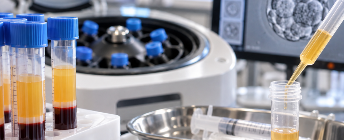 AI illustration of separated blood in tubes, a centrifuge and a pipette transferring yellow plasma, with an embryo image on a laboratory monitor.