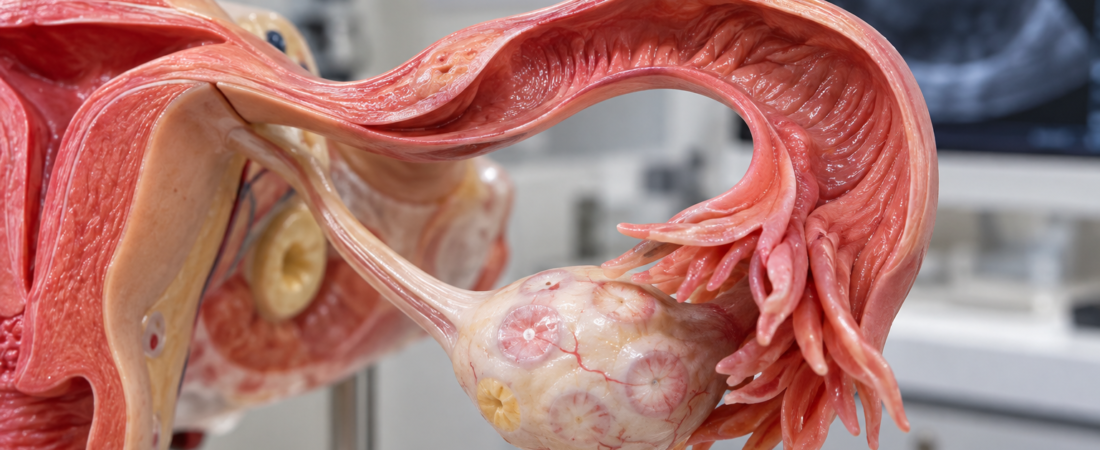 AI illustration of a cutaway uterine model showing a fallopian tube beside an ovary, with an ultrasound screen in the background.
