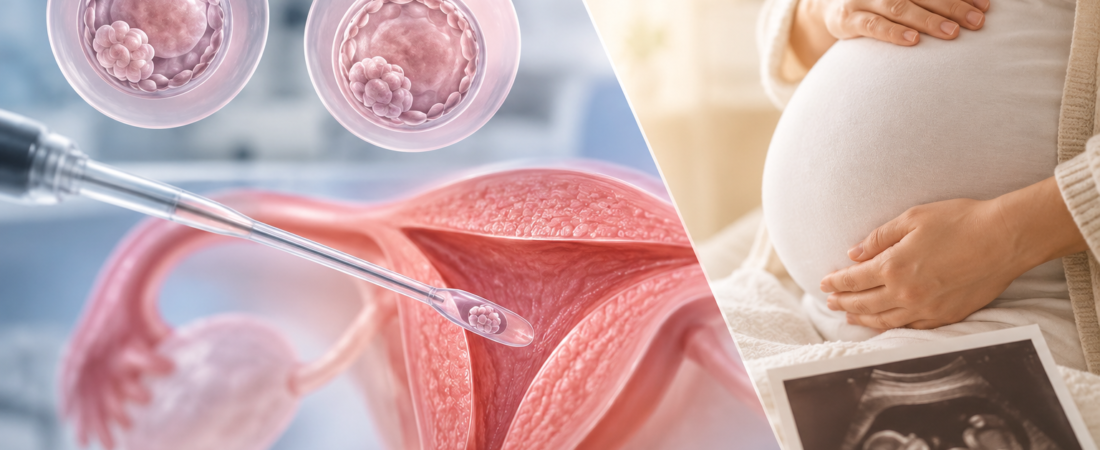 AI illustration of blastocysts and an embryo-transfer catheter beside a pregnant abdomen and an ultrasound image.