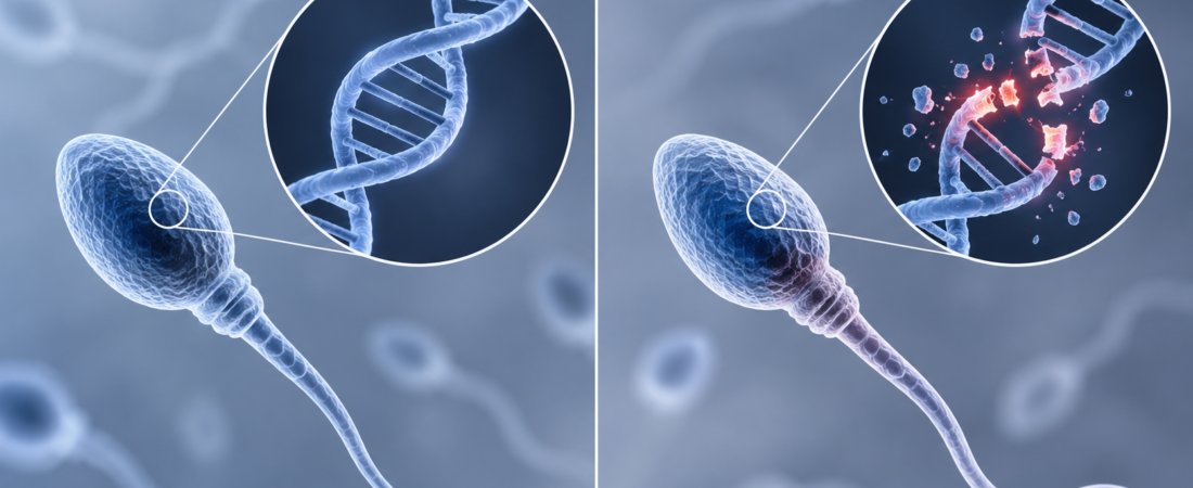 AI illustration comparing intact DNA with fragmented DNA inside sperm heads.