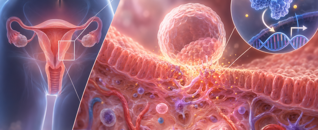 Illustration of a blastocyst approaching the uterine lining, with an inset showing a protein and DNA.