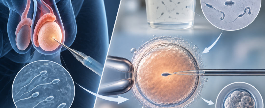Illustration of a needle retrieving sperm from a testis beside a semen sample, abnormal sperm tails, ICSI and an early dividing embryo.
