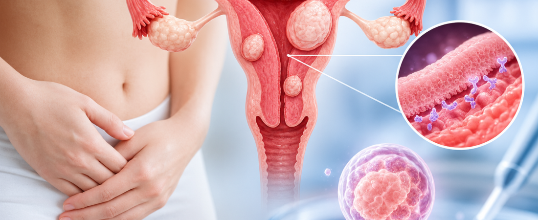 Illustration of uterine fibroids, an enlarged view of the uterine lining and an embryo beside a person holding their lower abdomen.