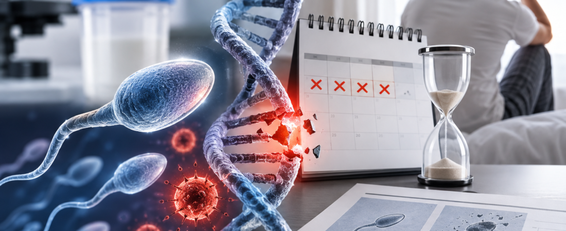 AI illustration of a calendar, sperm and DNA damage, representing abstinence duration research