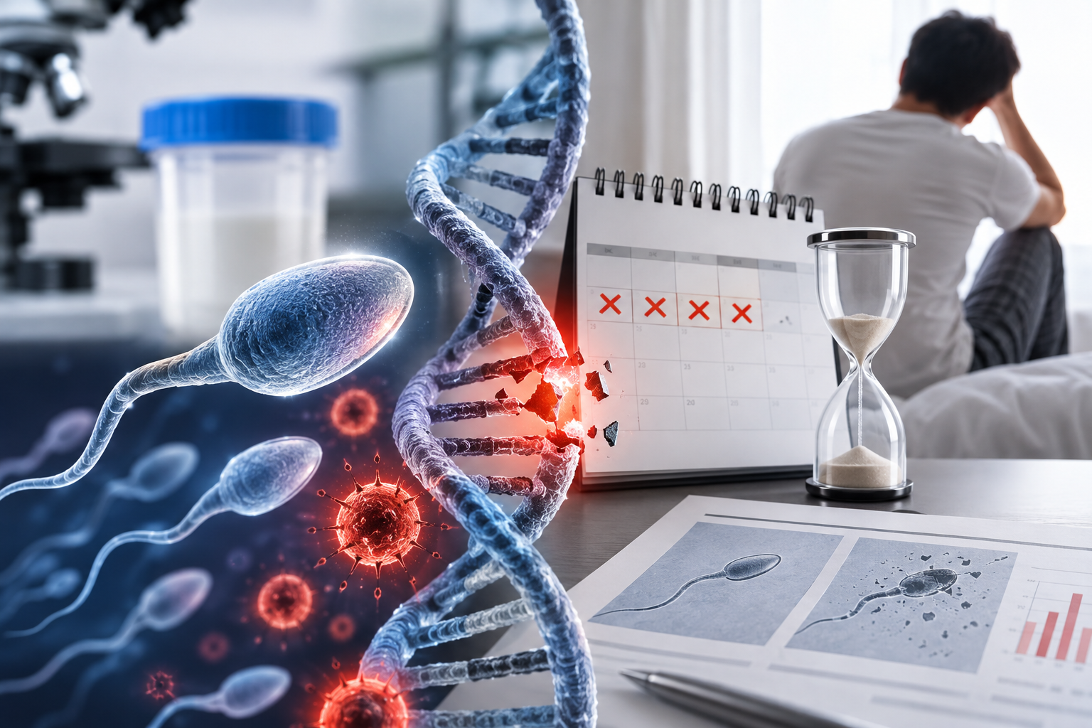 AI illustration of a calendar, sperm and DNA damage, representing abstinence duration research