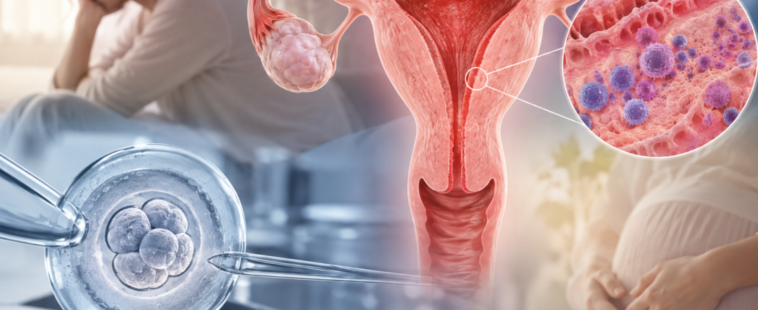 AI illustration of the uterine lining and inflammatory cells alongside fertility treatment imagery
