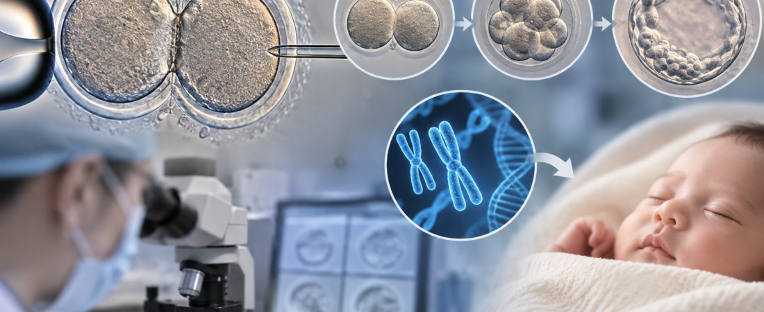 AI illustration of conjoined oocytes, laboratory fertilization, embryo development and a newborn