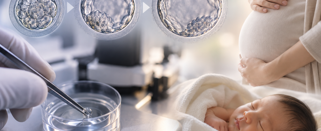 AI illustration of blastocyst development, embryo transfer, pregnancy and a newborn