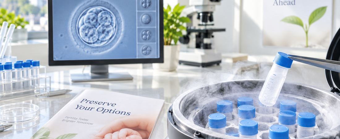 AI illustration of egg cryopreservation storage vials, a laboratory microscope and an embryo on a monitor
