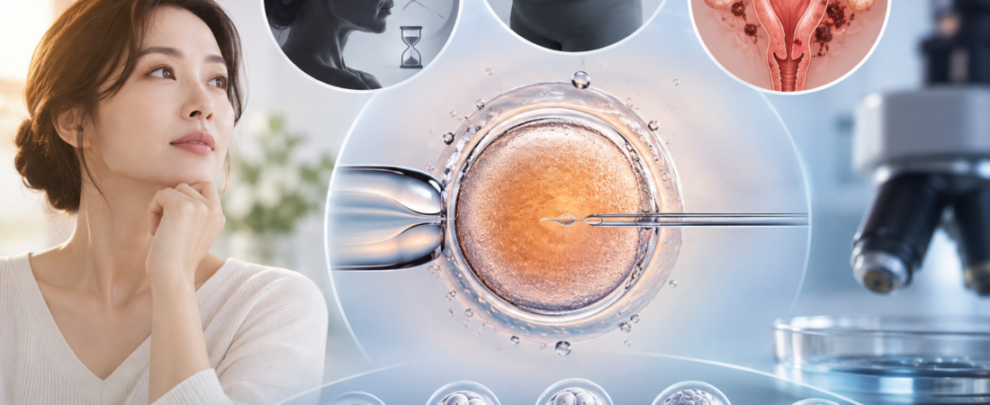 AI illustration of an egg alongside aging, body weight and endometriosis imagery