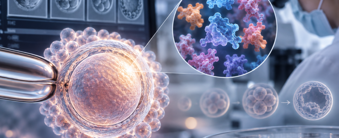 AI illustration of an oocyte, protein structures, embryo development and a laboratory scientist