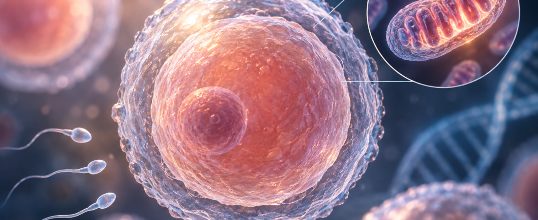 AI-generated illustration of an oocyte and a magnified mitochondrion