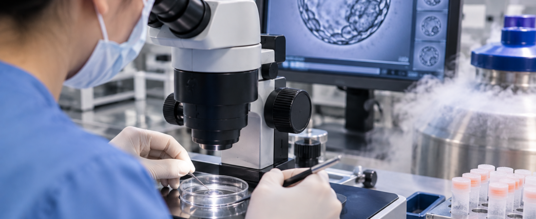 AI illustration of an embryologist handling an embryo at a laboratory microscope