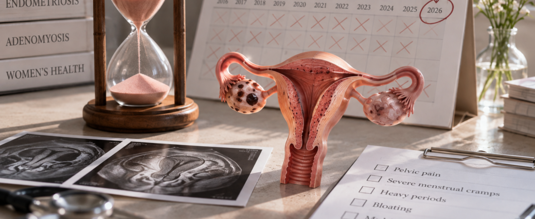 AI illustration of a uterus model, calendar and hourglass representing delayed endometriosis diagnosis