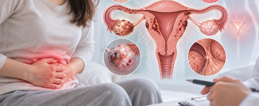 AI illustration of pelvic pain and the locations of adenomyosis and endometriosis