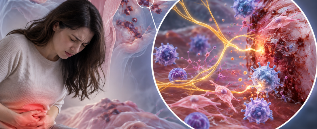 AI illustration of pelvic pain and a magnified network of nerves and immune cells in endometriosis