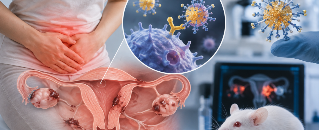 AI illustration of endometriosis, targeted drug delivery and a laboratory mouse