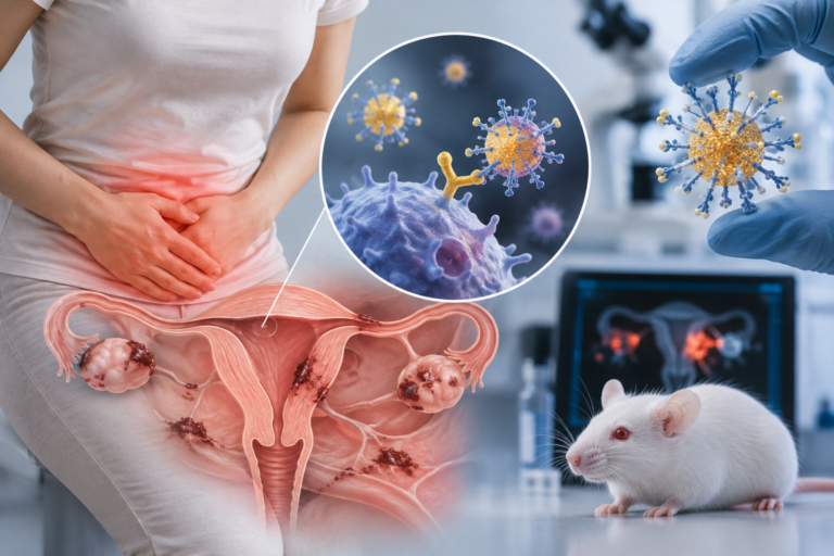 AI illustration of endometriosis, targeted drug delivery and a laboratory mouse