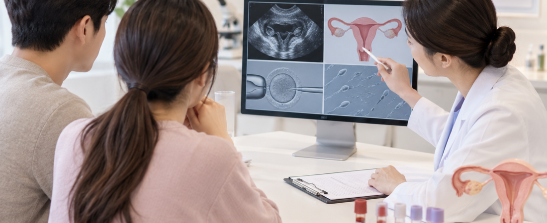 A couple discusses fertility testing and reproductive anatomy with a clinician.