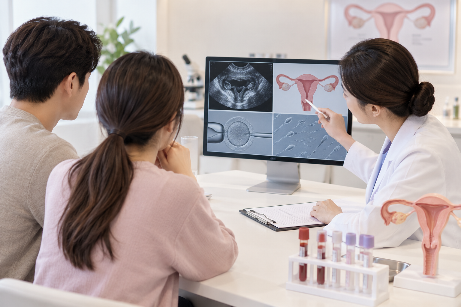 A couple discusses fertility testing and reproductive anatomy with a clinician.