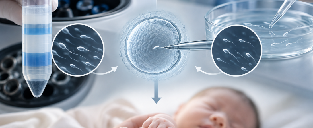 AI illustration of density-gradient sperm preparation, swim-up, ICSI and a newborn