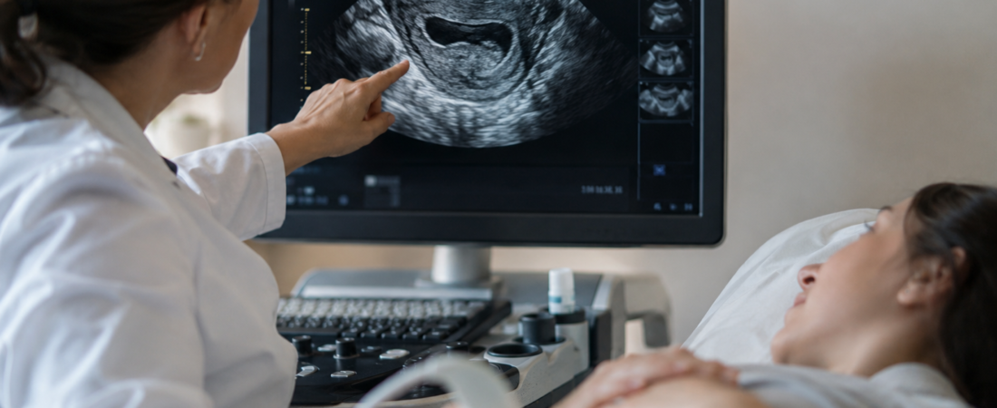 A clinician reviews a uterine ultrasound with a patient preparing for embryo transfer.