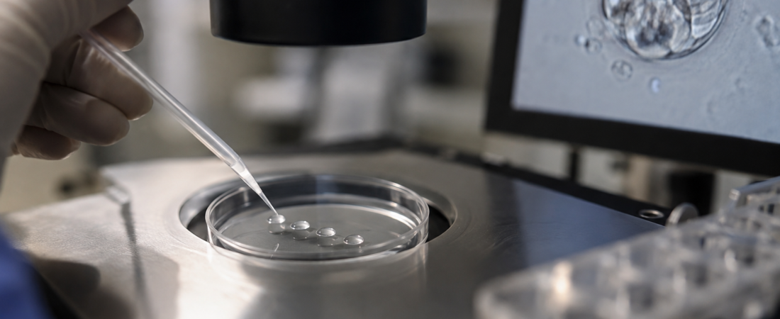 AI illustration of a pipette adding IVF culture medium to a dish beside a microscope