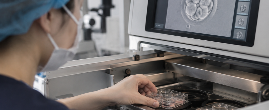 AI illustration of an embryologist checking embryos in an IVF incubator