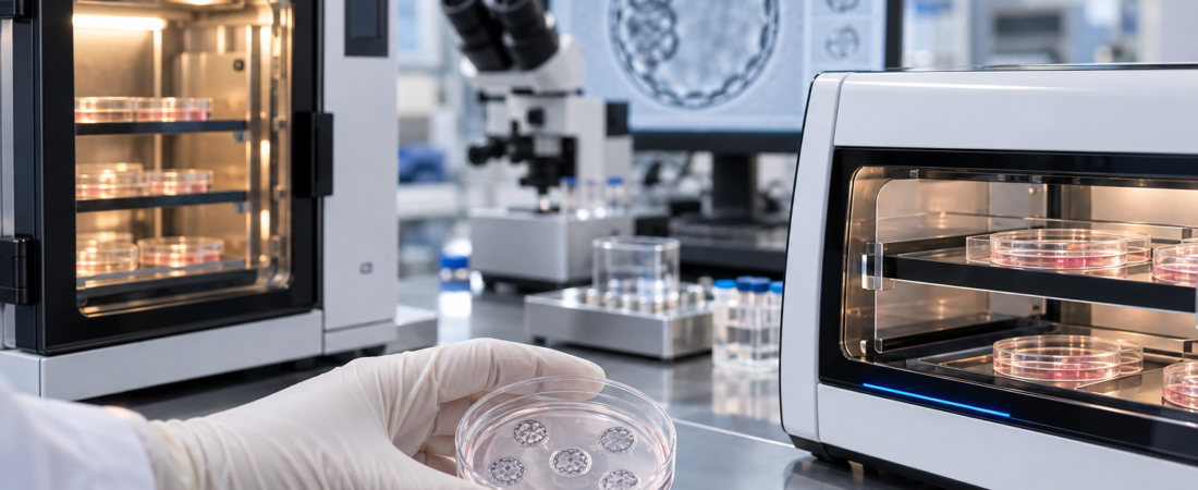 AI illustration comparing laboratory IVF incubators and embryo culture dishes