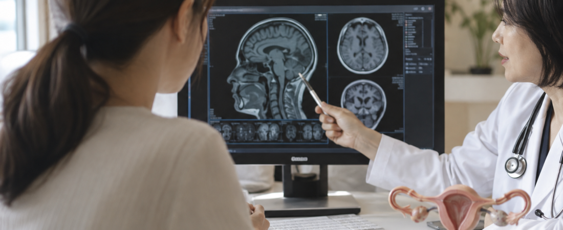 AI-generated illustration of a woman discussing fertility treatment and neurological health with a clinician