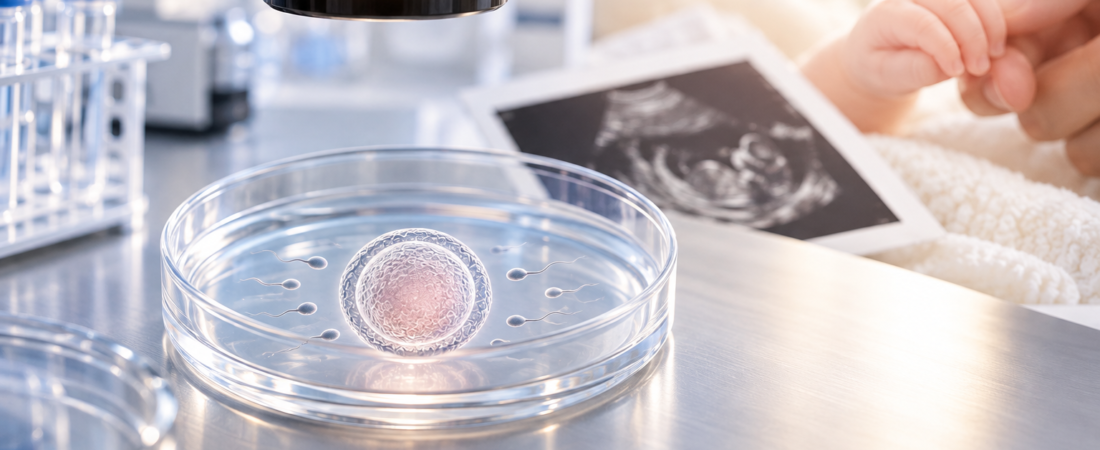 AI illustration of eggs and sperm in an IVF laboratory and a newborn