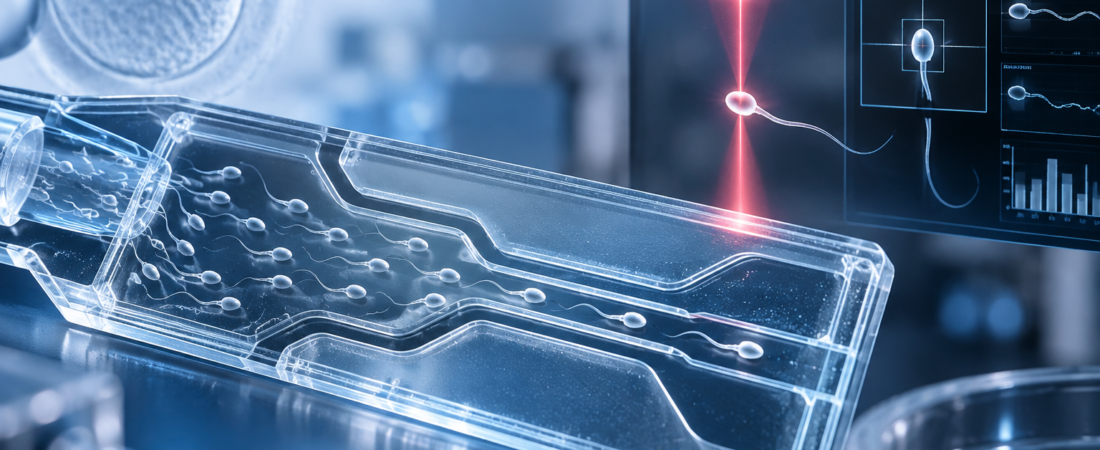 AI illustration of sperm moving through a microfluidic chip beneath an optical laser system