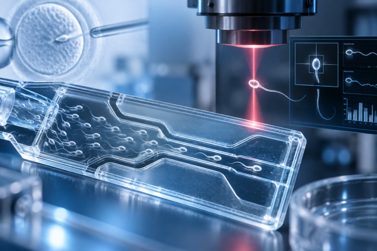 AI illustration of sperm moving through a microfluidic chip beneath an optical laser system