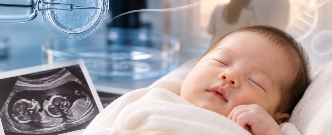 AI illustration of a newborn, embryo injection and an ultrasound scan