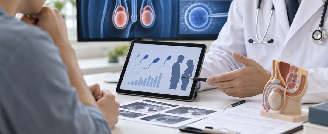 AI-generated illustration of a male fertility consultation with reproductive anatomy diagrams