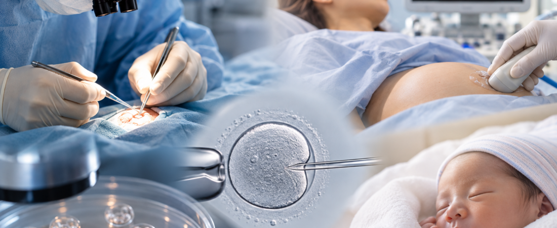 AI illustration of testicular sperm retrieval, ICSI and a newborn representing a fertility study