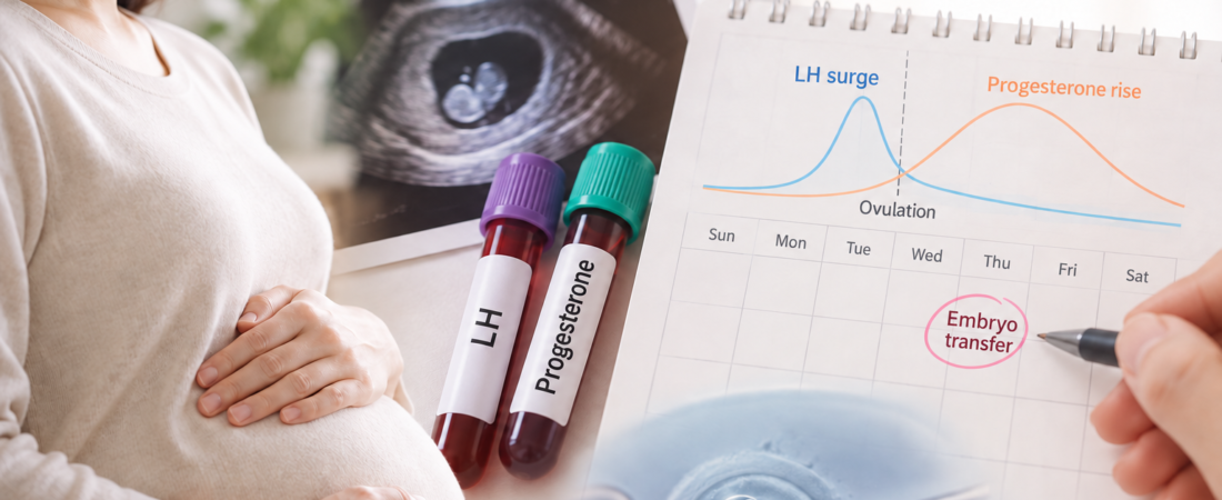 AI illustration of progesterone and LH monitoring, ovulation and embryo transfer timing